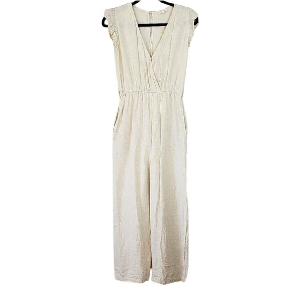 Sim & Sam Smocked Ruffle Sleeve Wide Leg Pant Jumpsuit V Neckline Women's Medium